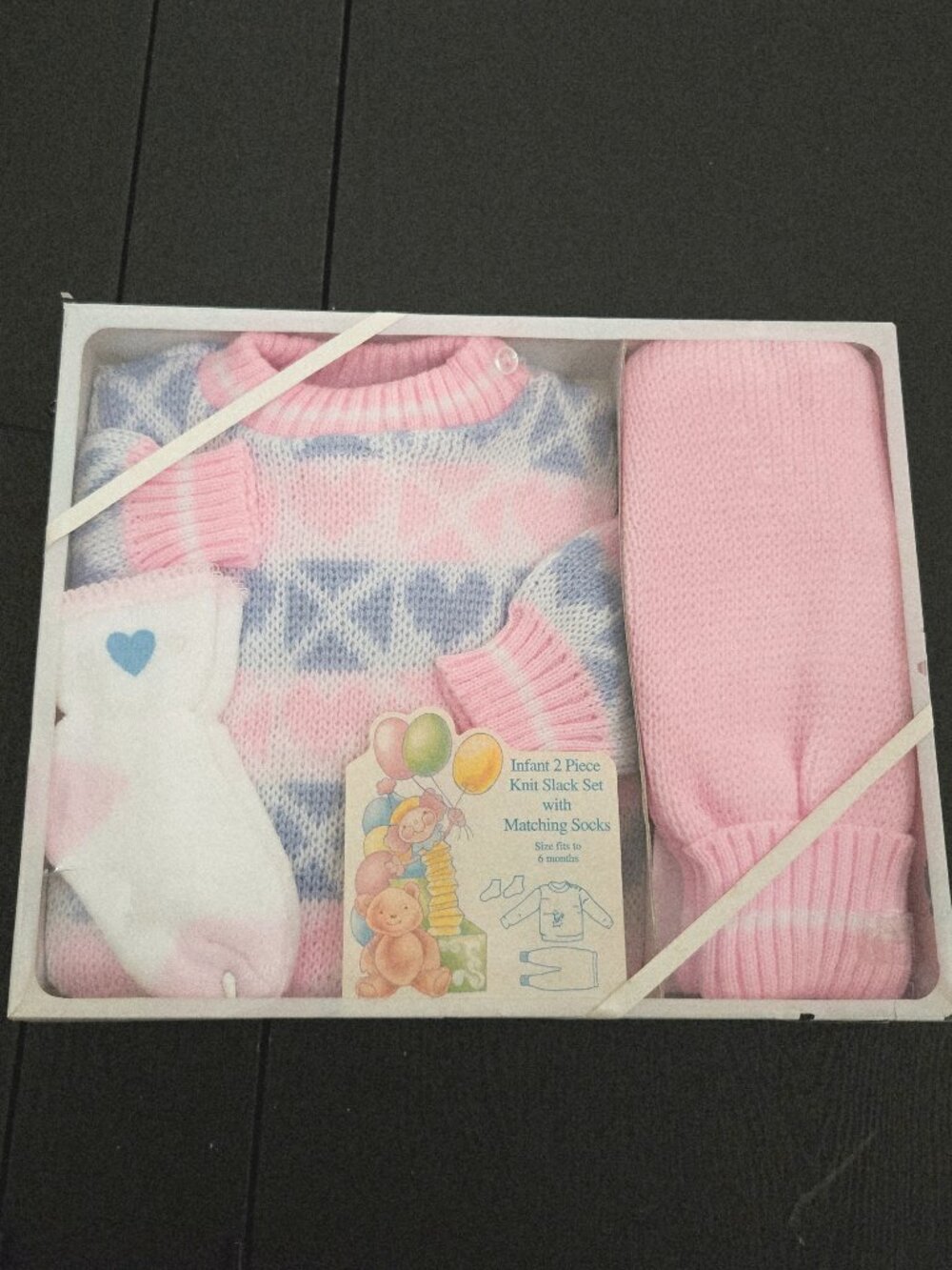 NWT Vintage infant 70s pink and blue knit sweater , socks , pant gift set 0-6 mo